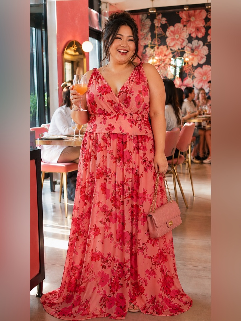 Beautiful Pink Floral V-Neck Maxi Dress with Side Slit